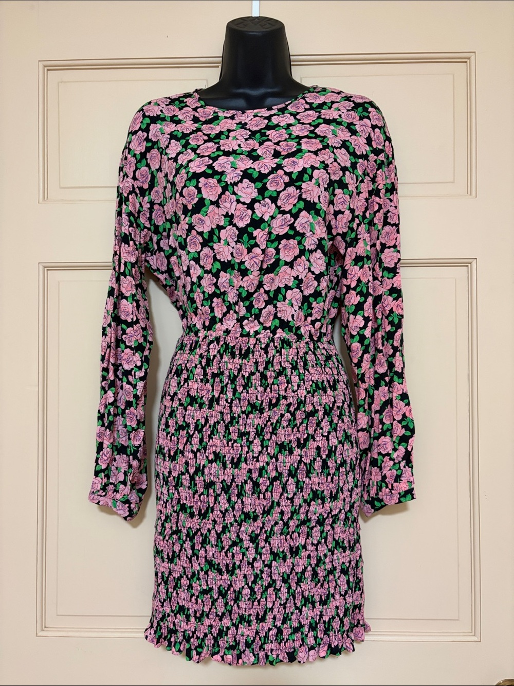 Zara Black Dress with Pink Floral Print and Green Leaves Smocked skirt
